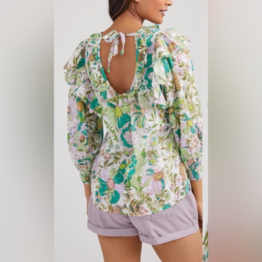 NWT. Anthropologie Floral Ruffle boho cotton cottagecore Blouse Sz S.
